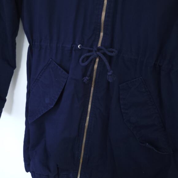 Gap Women Anorak Jacket Blue Small, Tie Gathered Waist, Faux Fur Hood, Sherpa - Picture 3 of 5